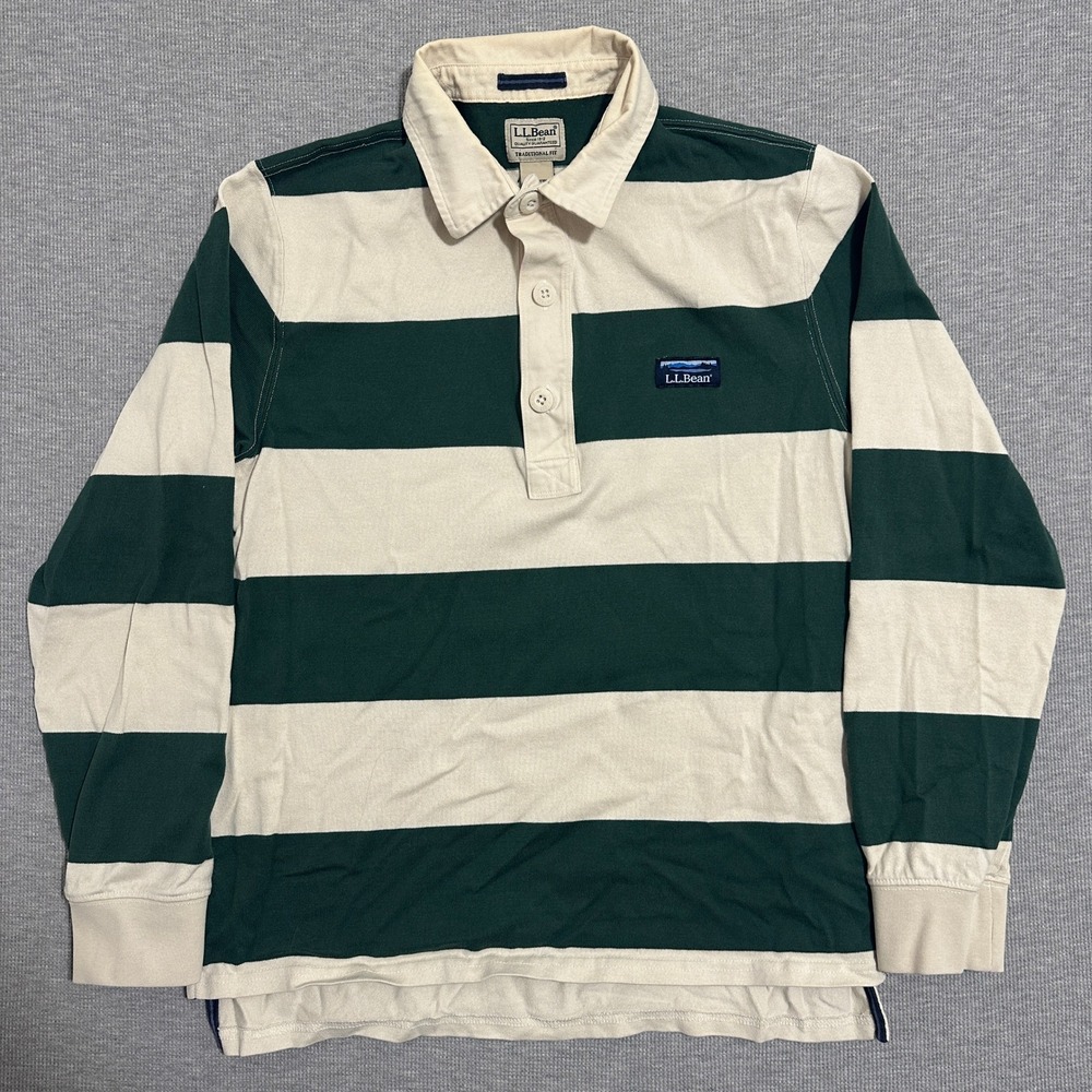 LL Bean Green Cream Striped Long Sleeve Rugby Shirt Mens Size Small 521683